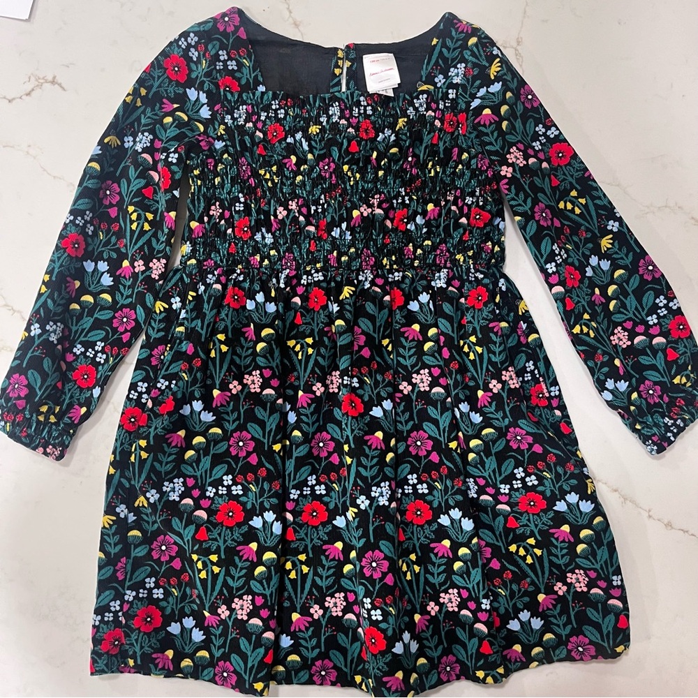 Hanna Andersson Floral Corduroy Smocked Dress Girls 6–7 (120cm) Long Sleeve